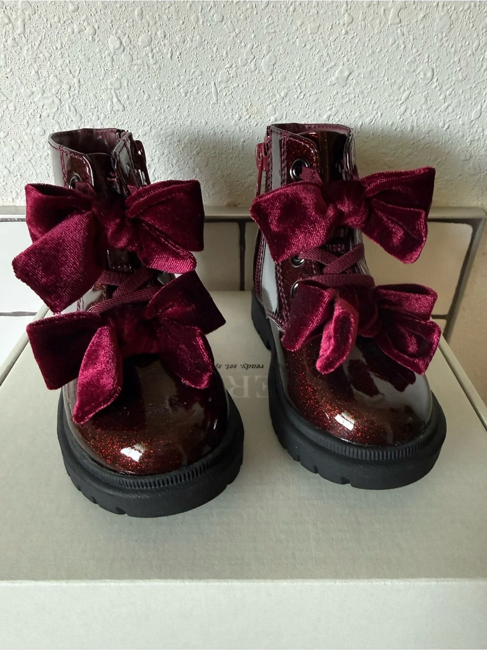 Cato Girls Burgundy Patent Glitter Boots with Velvet Bows